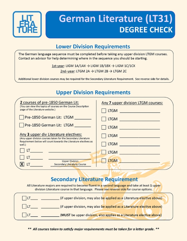 A checklist of the major requirements for the German Literature major at UCSD.