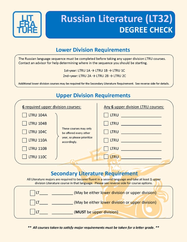 A checklist of the major requirements for the Russian Literature major at UCSD.